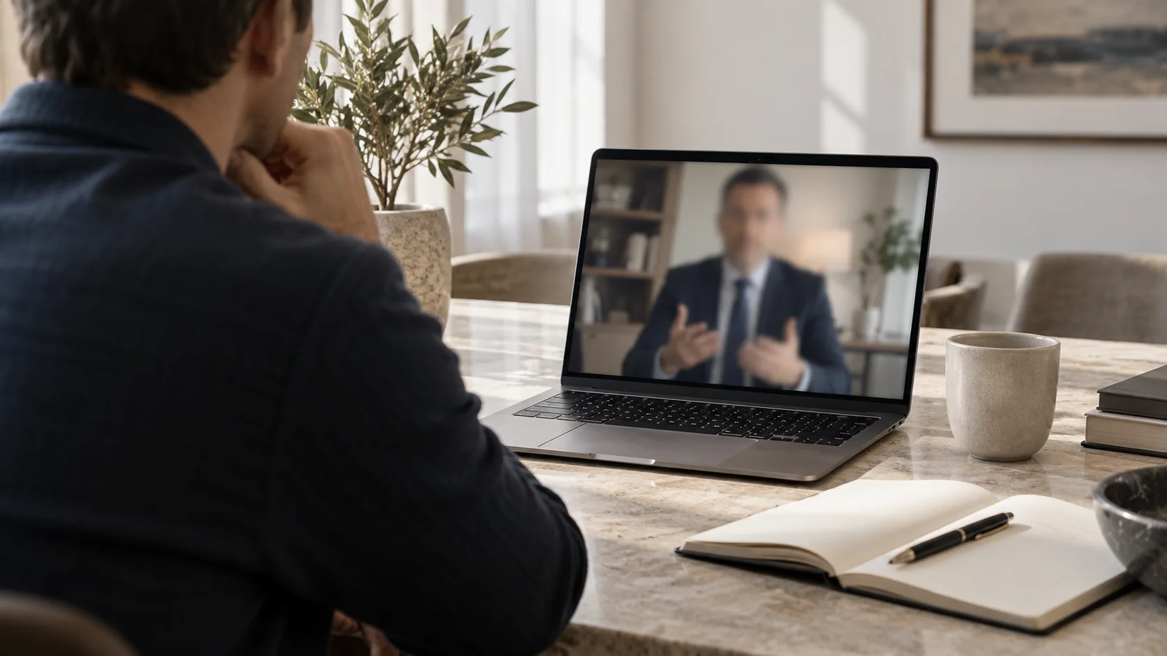 Imagine ilustrativă a unui client care discută cu un avocat prin videoconferință